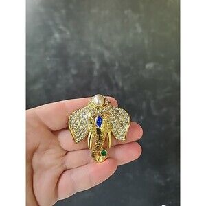 Ornate Rhinestone Elephant Head Shaped Brooch Vintage Costume Jewelry